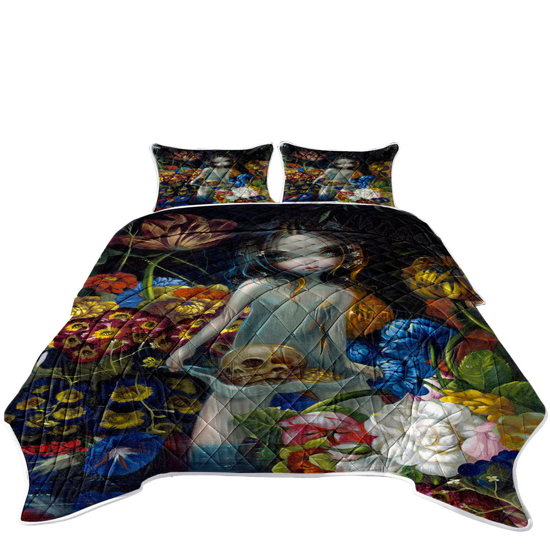 Coverlets with Gothic Art The Offering Forest Nymph Girl with Skull