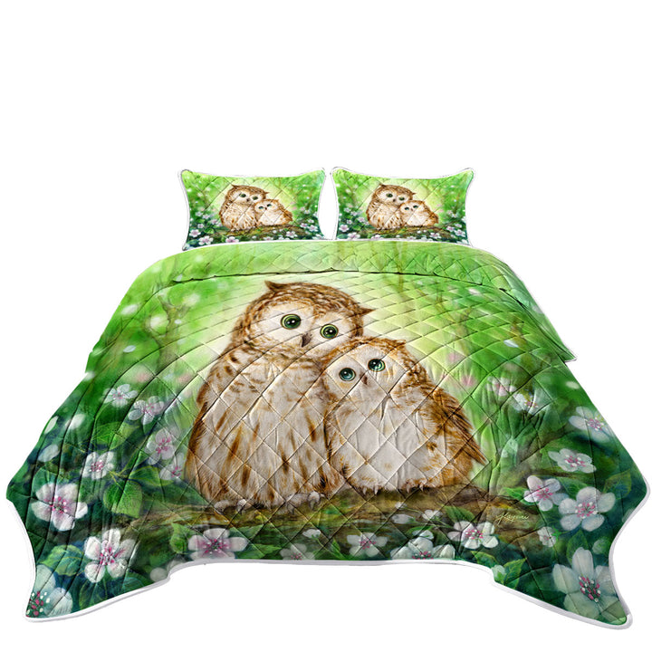 Coverlets with Green Forest and Flowers Owls Cuddle