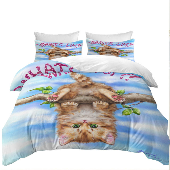 Coverlets with Whats Up Cute Funny Ginger Kitten on Branch