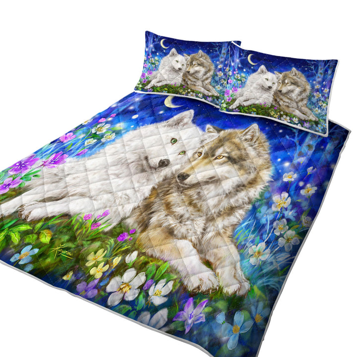Coverlets with Wolves Art Design Flowers and Love at Night