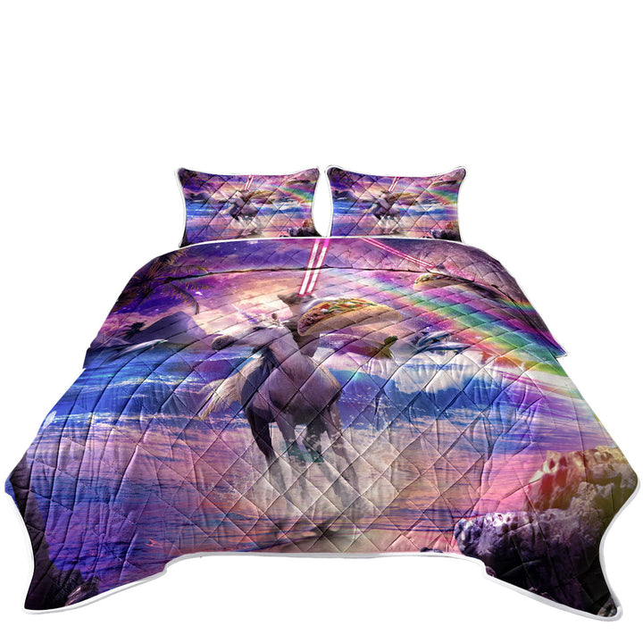 Crazy Funny Art Laser Space Cat on Unicorn Eating Taco Coverlets