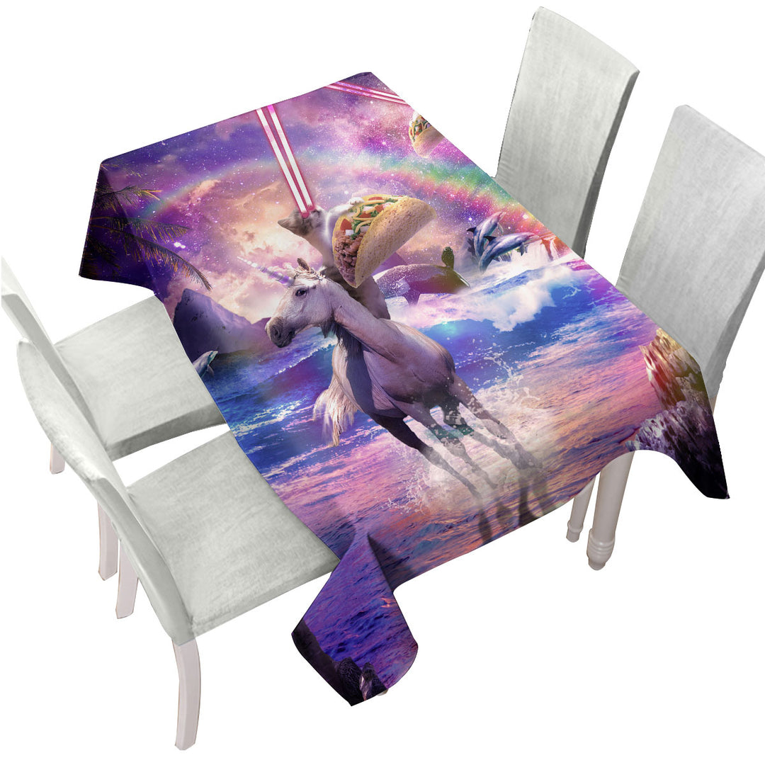 Crazy Funny Art Laser Space Cat on Unicorn Eating Taco Tablecloths