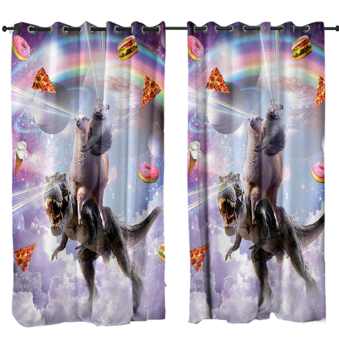 Crazy Space Art Funny Cat on a Llama on a Dinosaur Curtains for Living Room