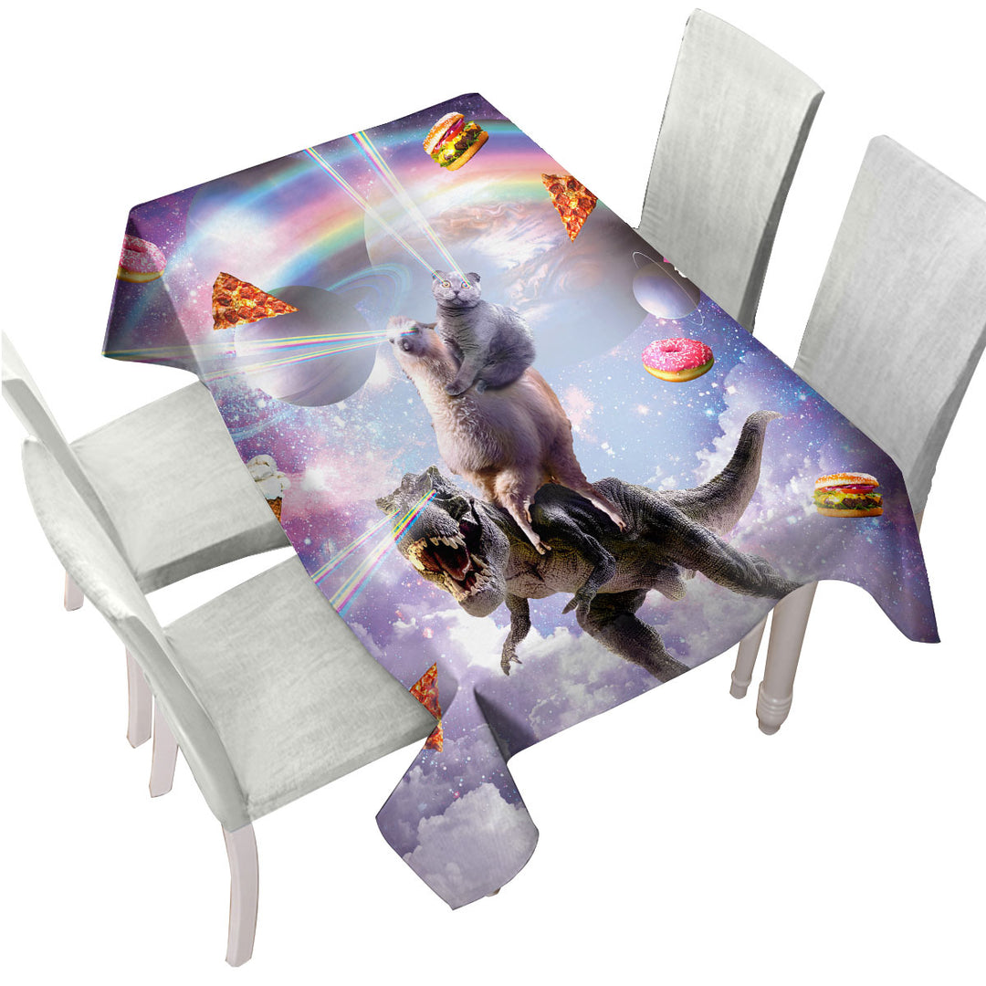 Crazy Space Art Funny Cat on a Llama on a Dinosaur Tablecloths