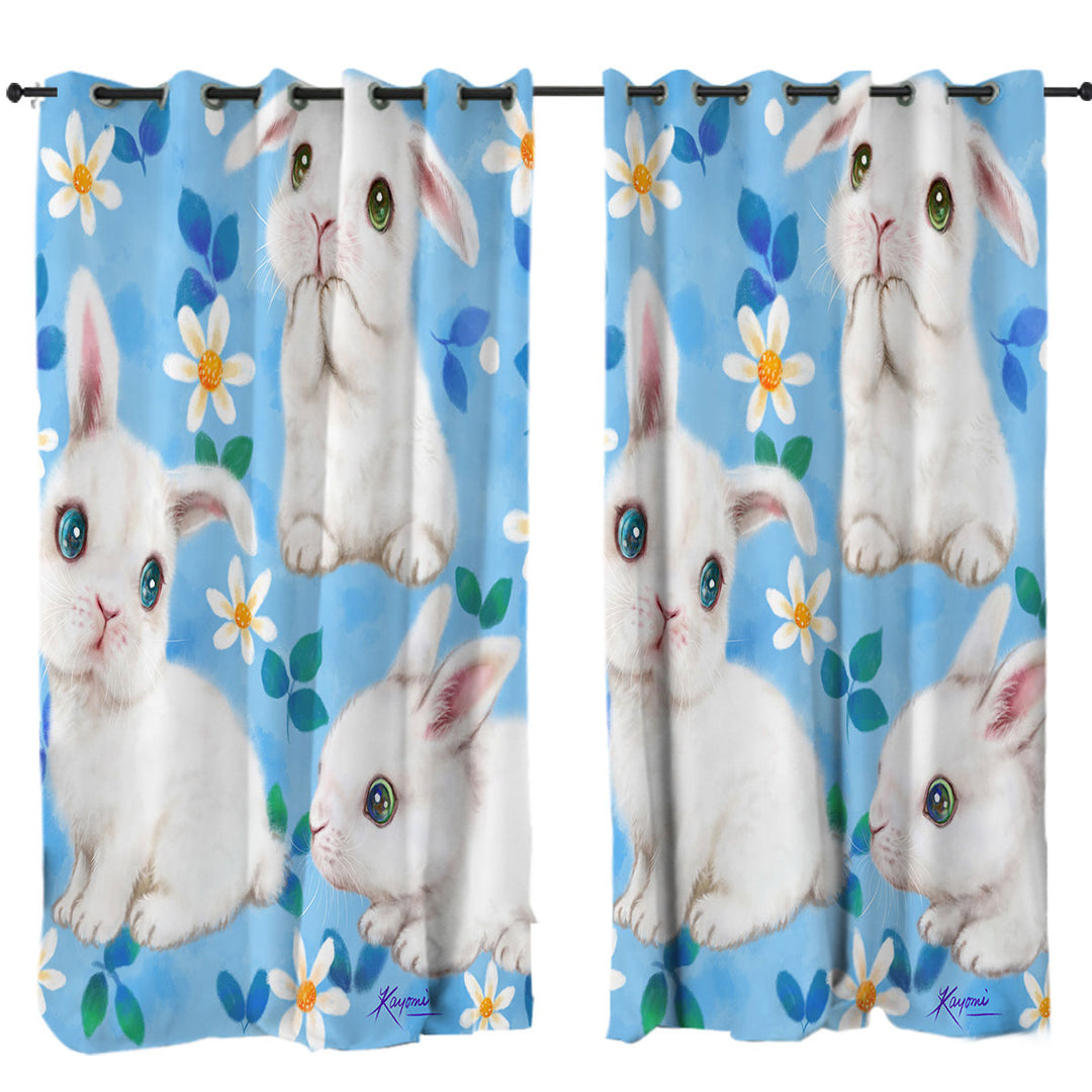 Curtain with Adorable White Bunnies and Flowers for Kids
