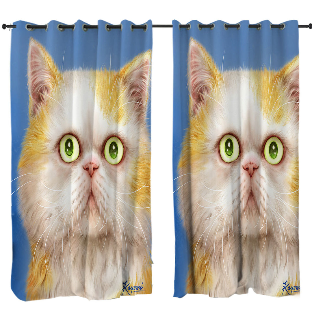 Curtain with Beautiful Kittens Drawings Staring Ginger Cat