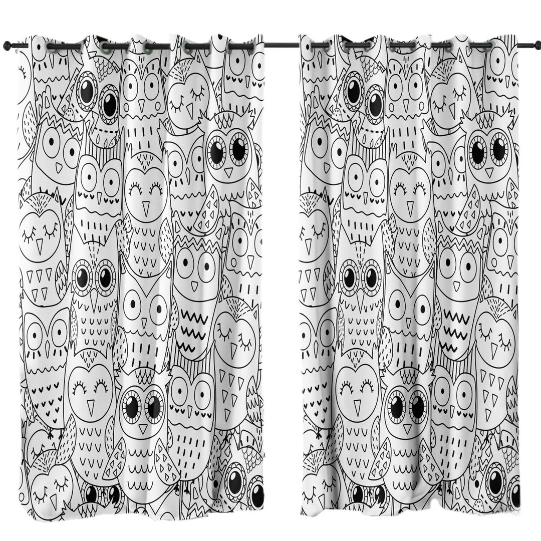Curtain with Black and White Owls Drawings