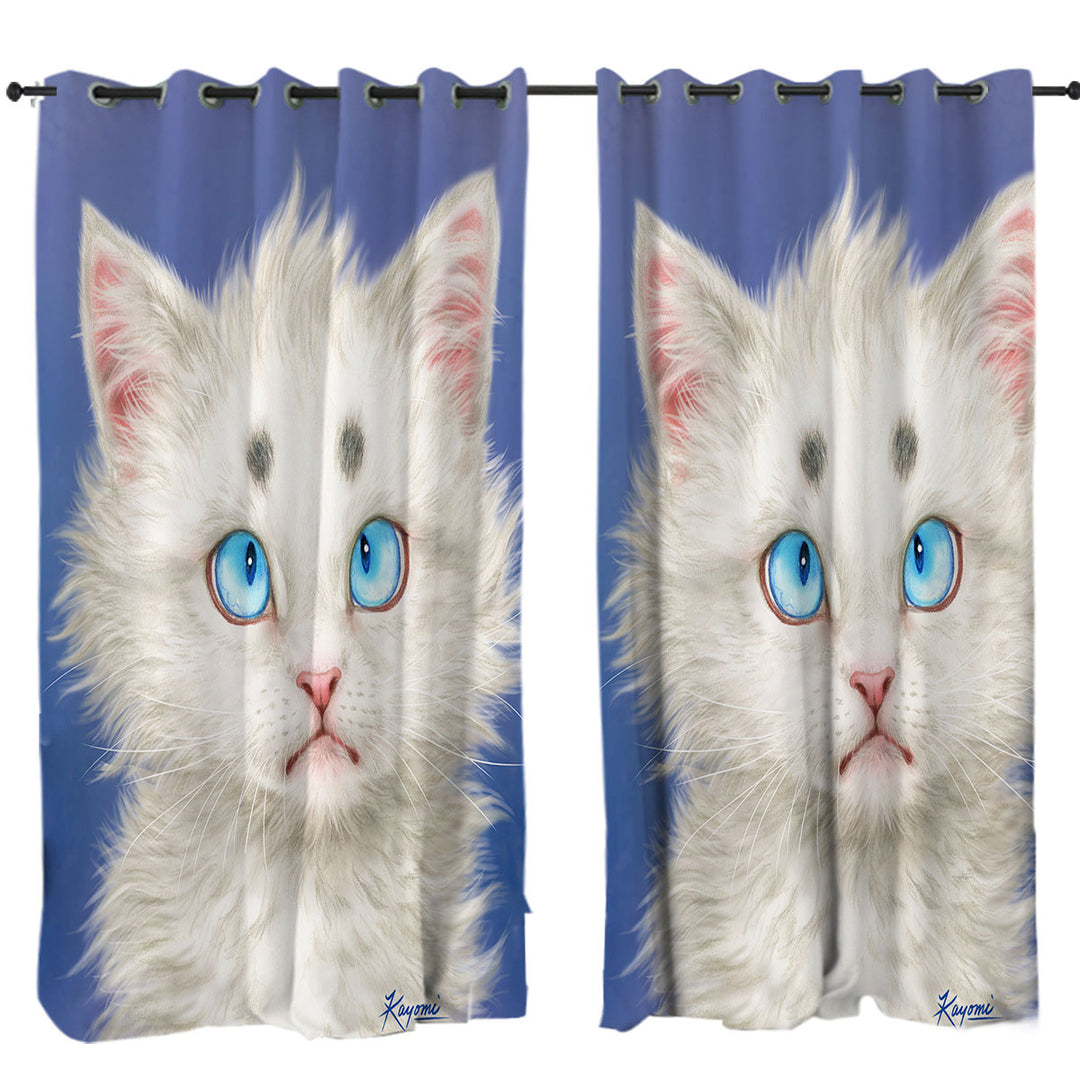 Curtain with Cat Painting Lovely White Kitten