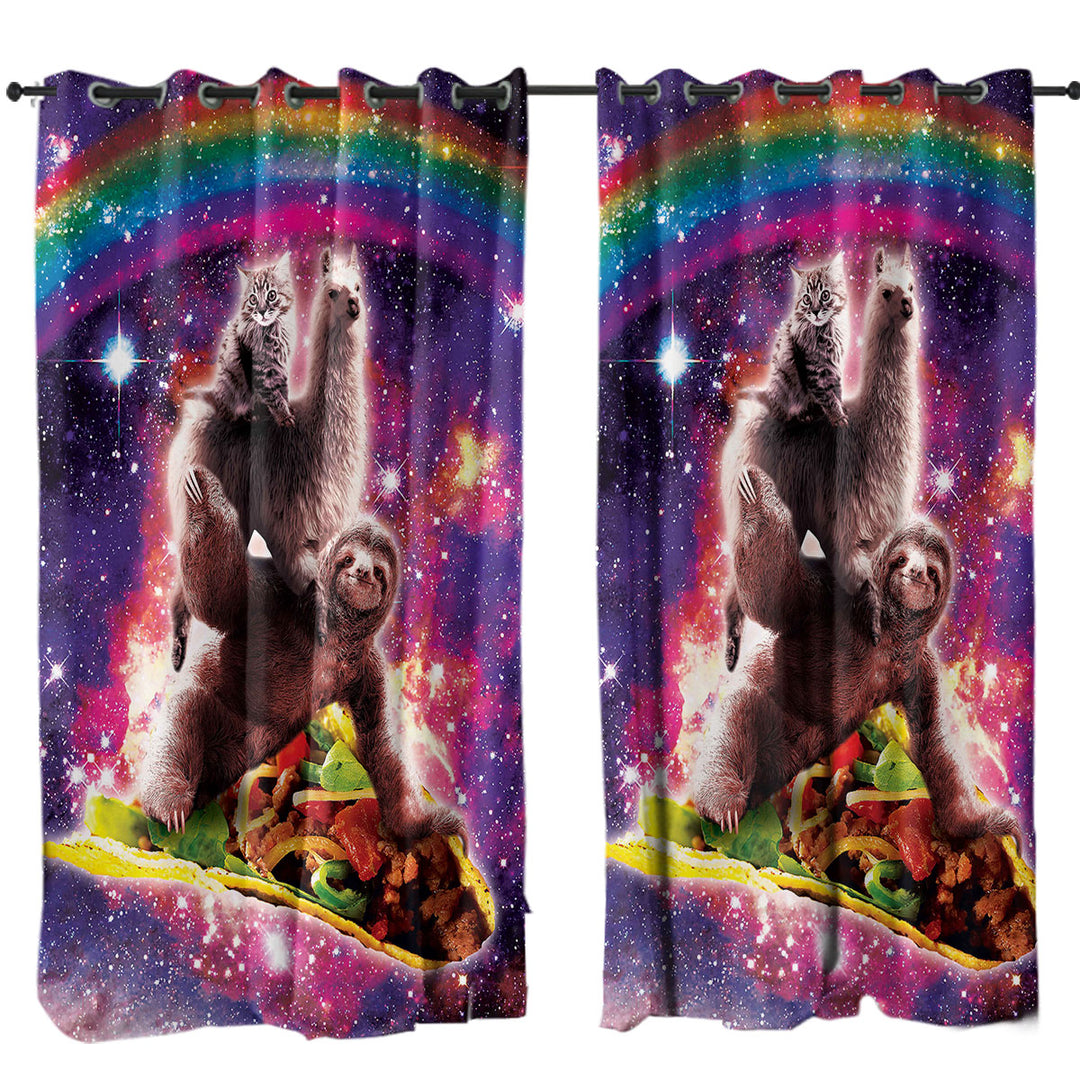 Curtain with Cool Funny Crazy Art Space Cat Llama Sloth Riding Taco