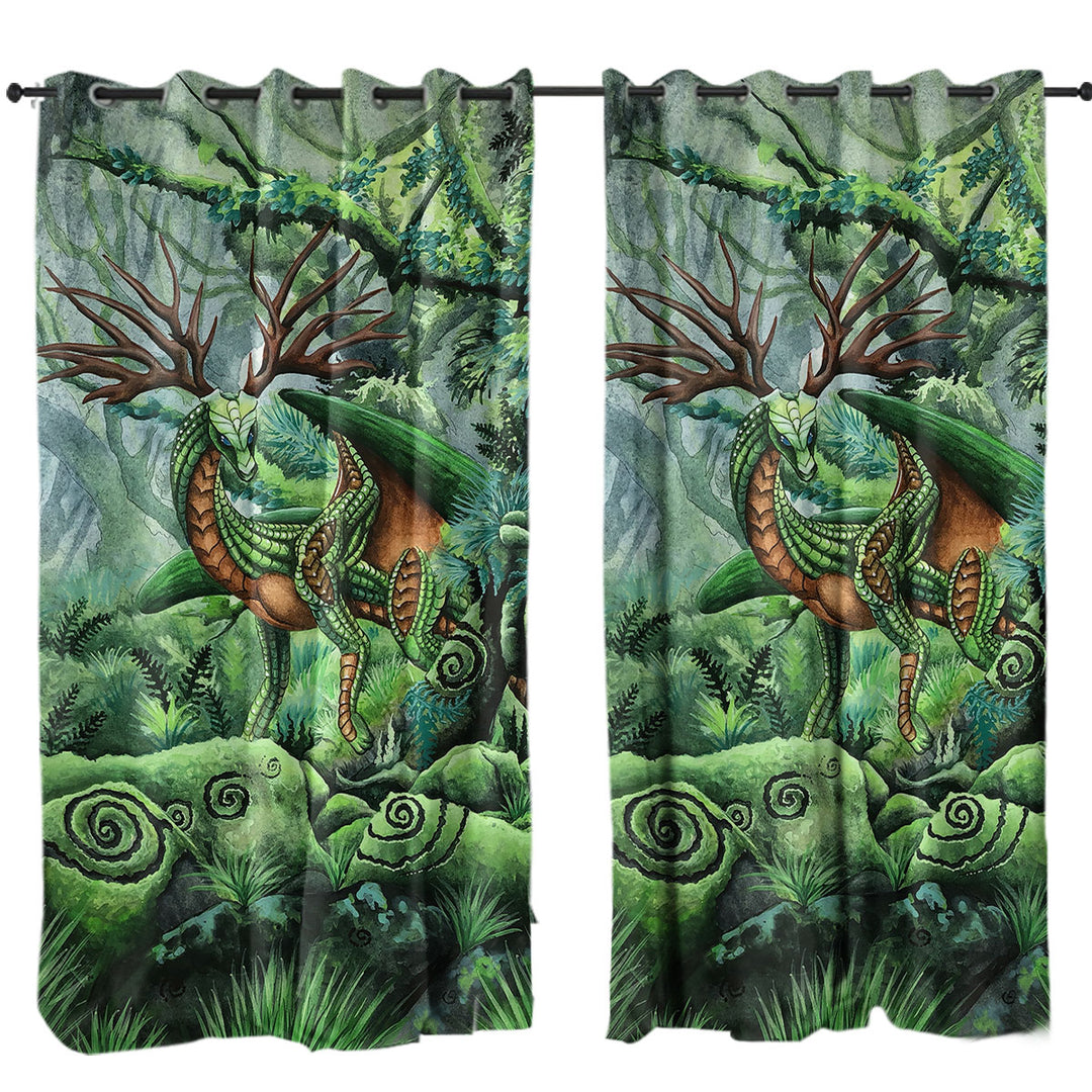 Curtain with Cool Green Hidden Guardian Fantasy Forest Deer Dragon