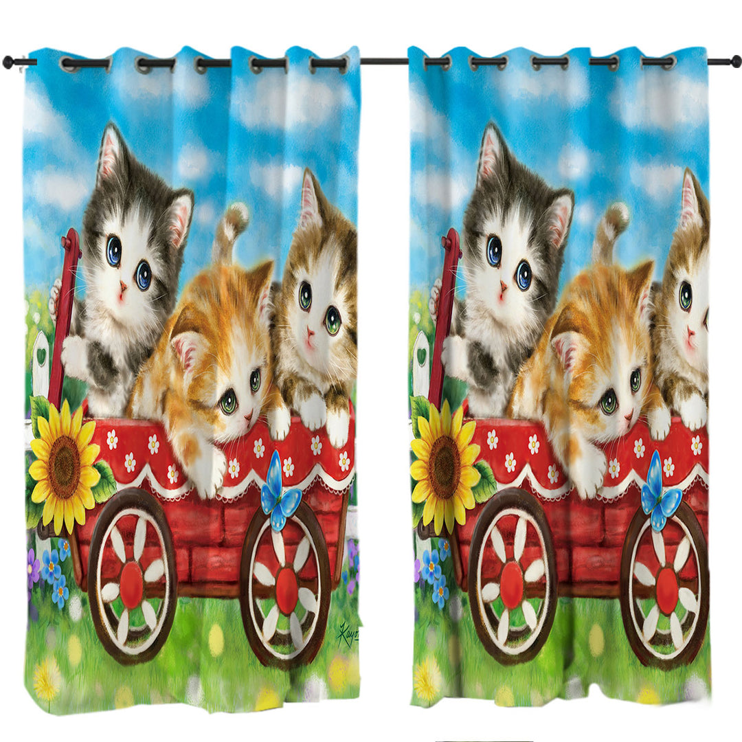 Curtain with Cute Cat Drawings for Kids Kitten in Wagon