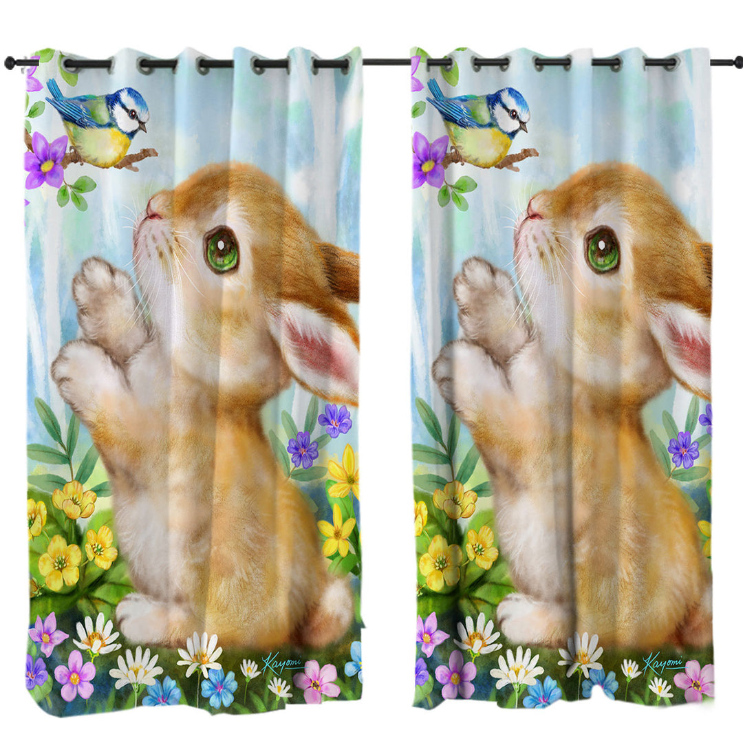 Curtain with Cute Children Art Designs Flowers Bunny and Bird