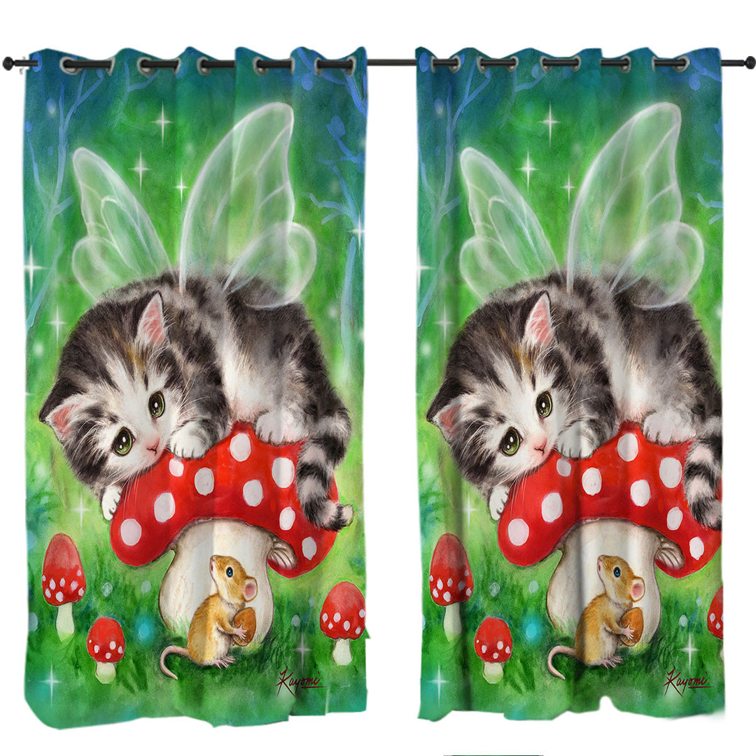 Curtain with Cute Fantasy Cat Art Kitten Fairy on Mushroom