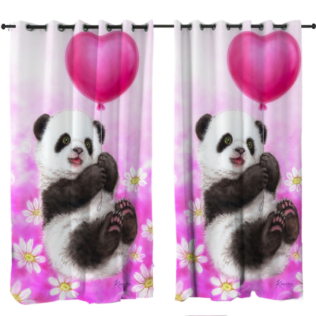 Curtain with Cute Girls Design Flowers Heart Balloon and Panda
