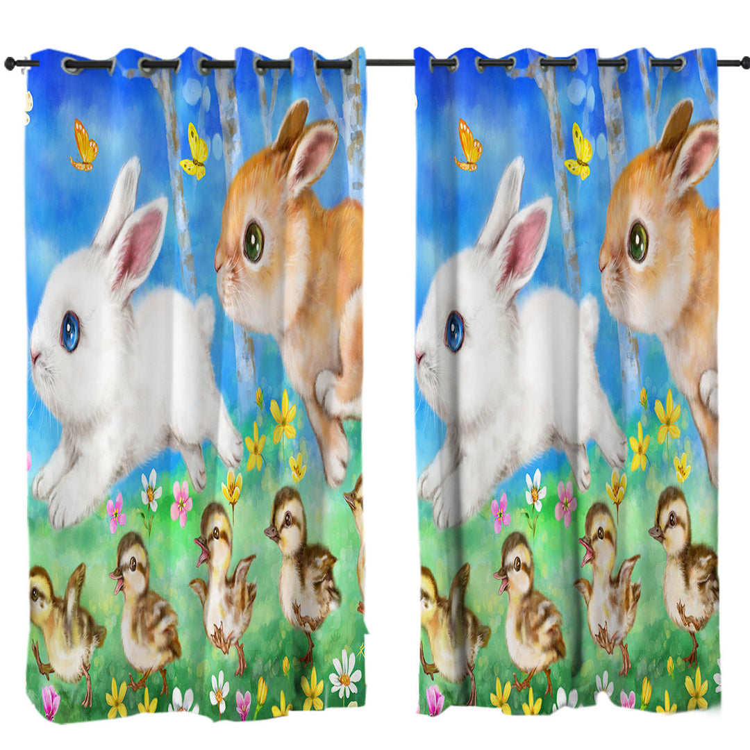 Curtain with Cute Kids Art Designs Ducklings and Bunnies