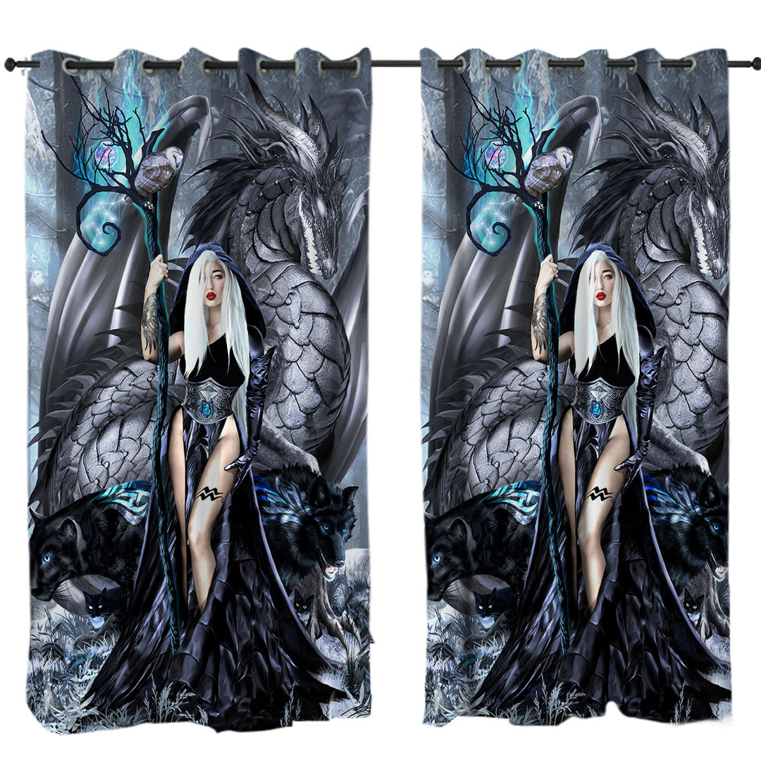 Curtain with Fantasy Digital Art Aquarius Witch and Dragon