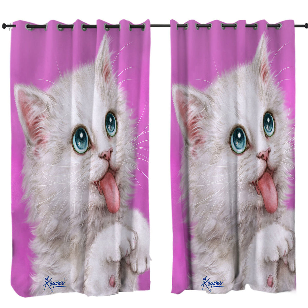 Curtain with Funny Cats Hungry White Kitty Cat over Pink