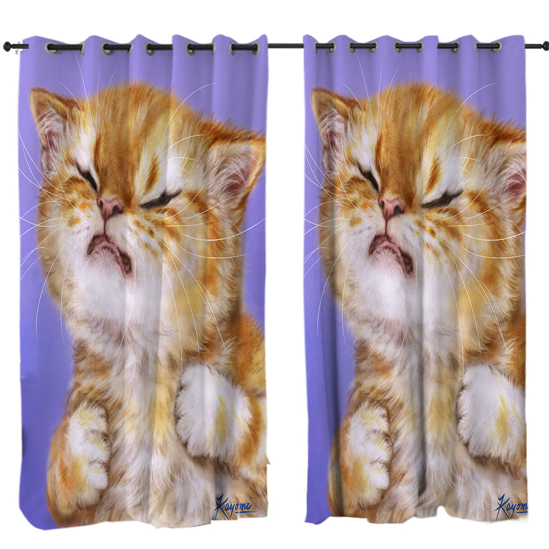 Curtain with Funny Kittens Upset Ginger Kitty Cat over Purple
