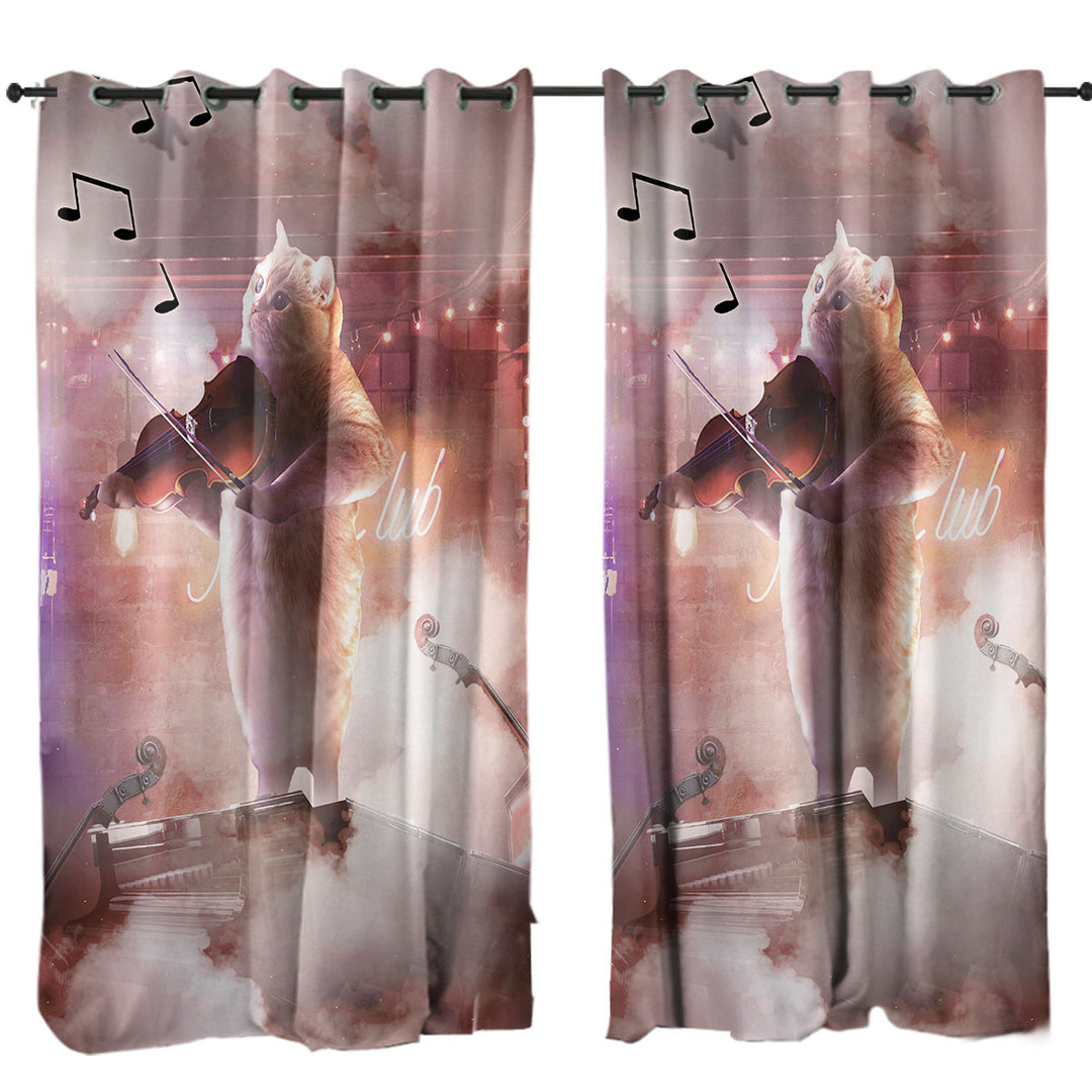 Curtain with Funny and Cute Cat Playing Violin