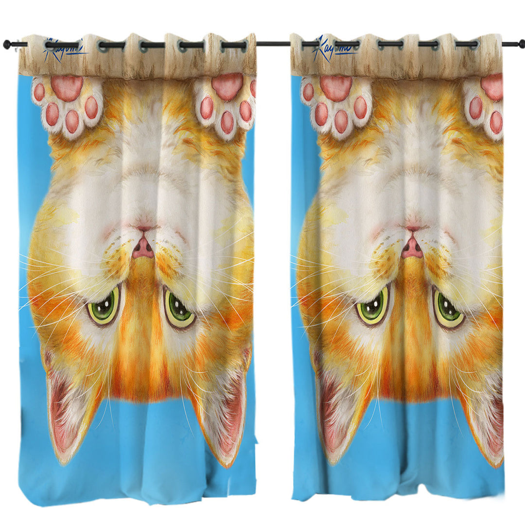 Curtain with Funny and Cute Ginger Cat on a Branch