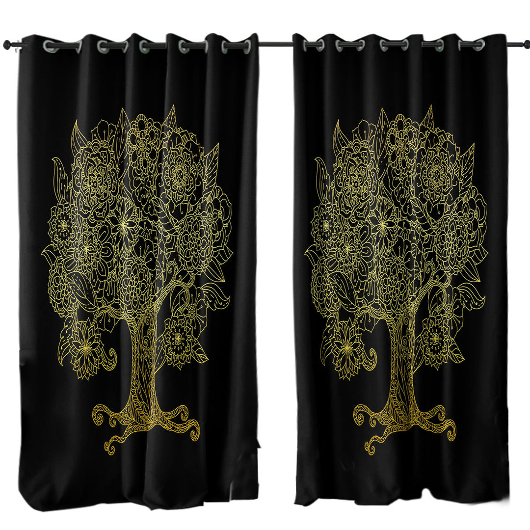 Curtain with Golden Tree Drawing over Black