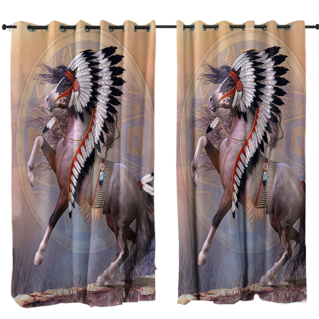 Curtain with Impressive Native American War Bonnet Horse