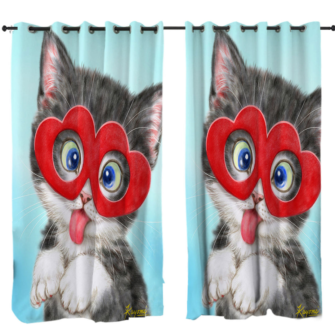 Curtain with Kids Cute Silly Kitten Wearing Heart Glasses