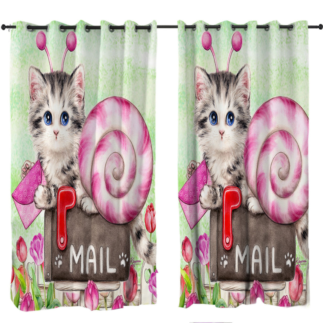 Curtain with Lovely Art Drawings Snail Kitten and Tulips