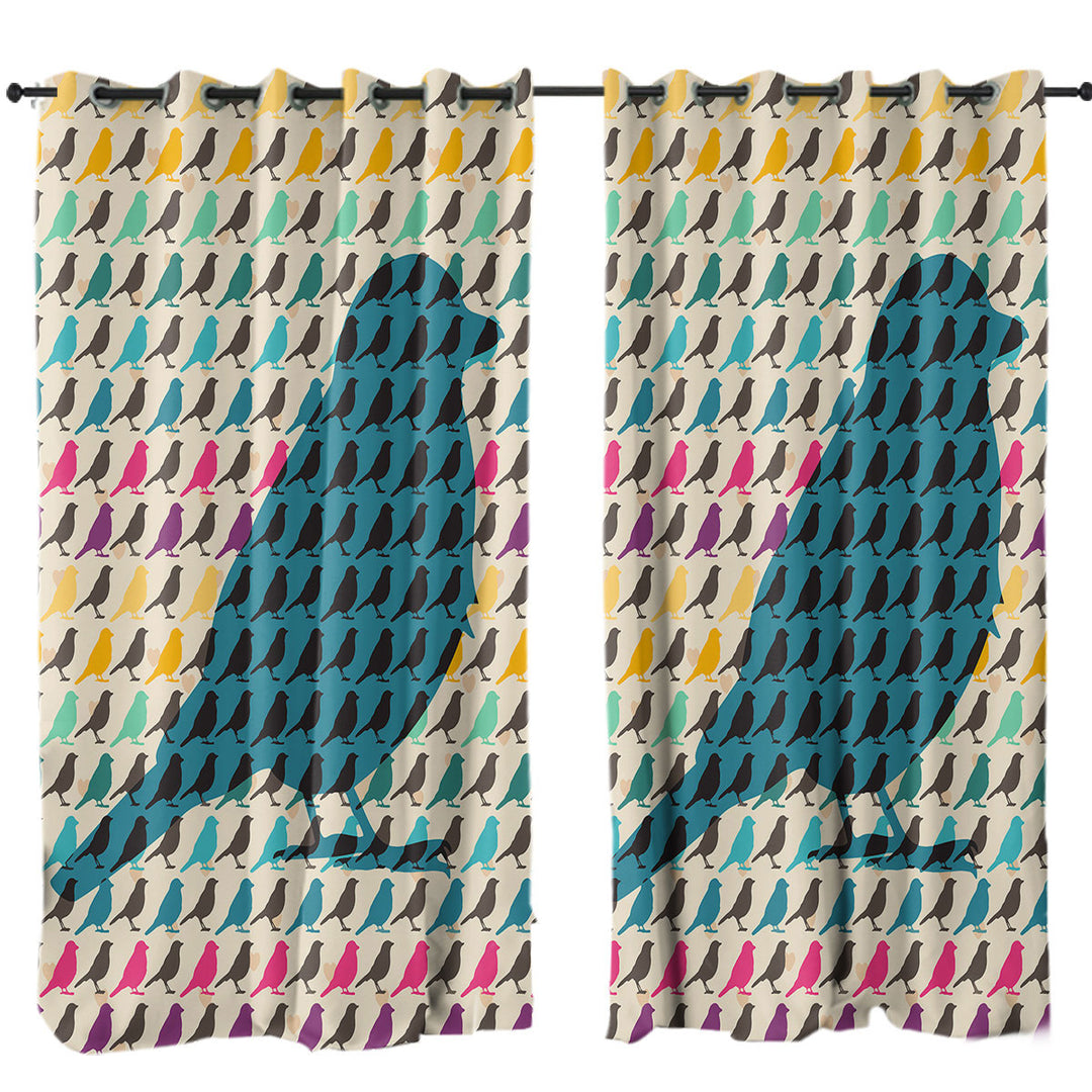 Curtain with Multi Colored Bird Pattern Over Blue Bird