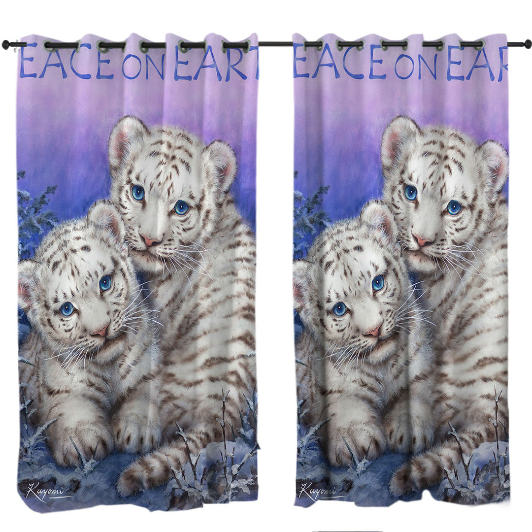 Curtain with Positive Wildlife Animal Art White Tiger Cubs