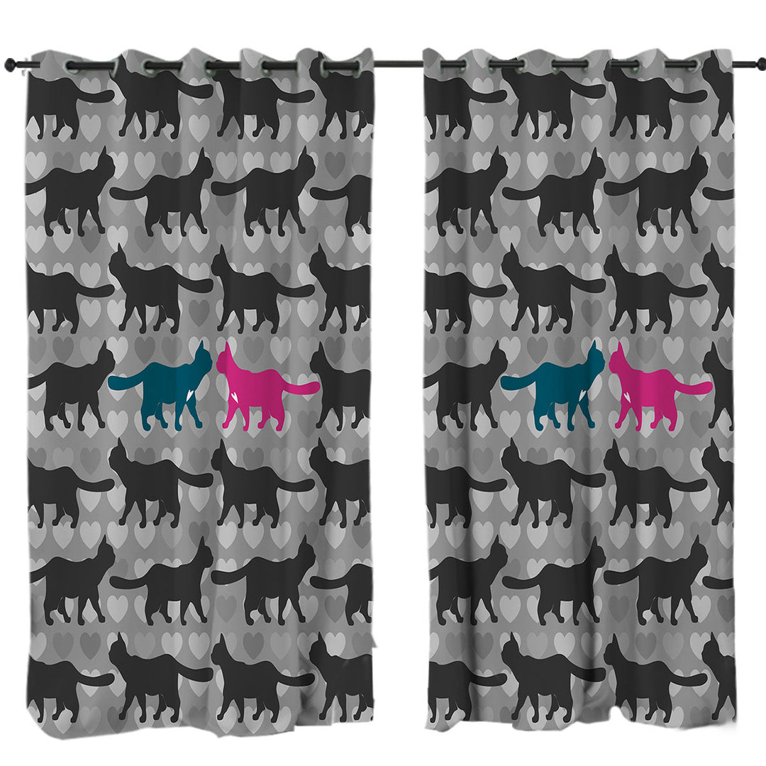 Curtain with Romantic Cats Hearts and Cat Silhouettes