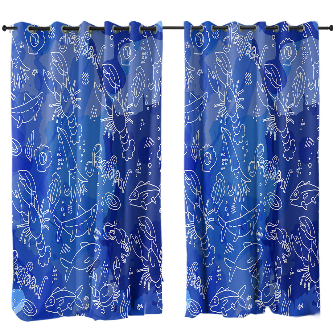 Curtain with Seafood Pattern over Blue