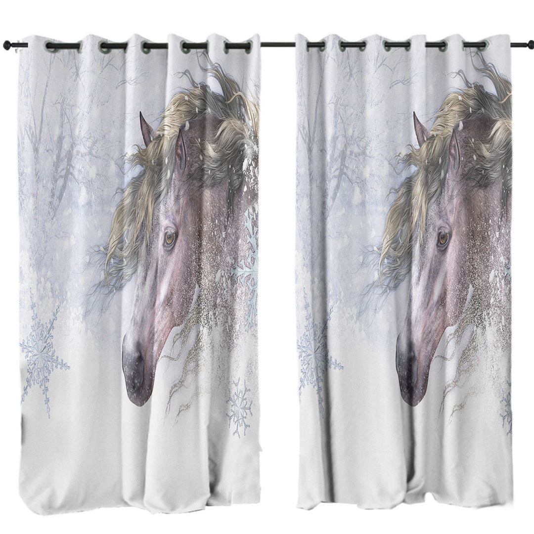 Curtain with Winter Snow and Bright Hair White Horse