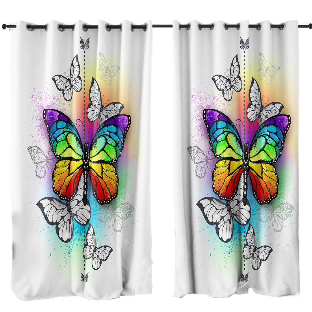 Curtains for Bedroom with Black White and Rainbow Butterflies