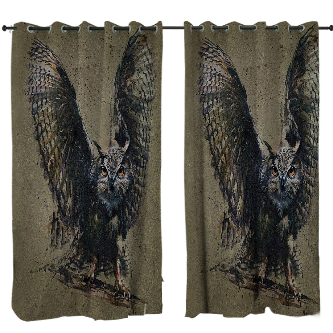 Curtains for Bedroom with Cool Art Owl Painted on Concrete