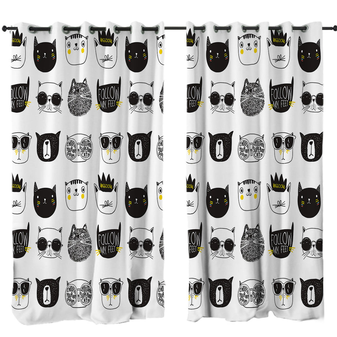Curtains for Bedroom with Cool Black and White Cat Faces