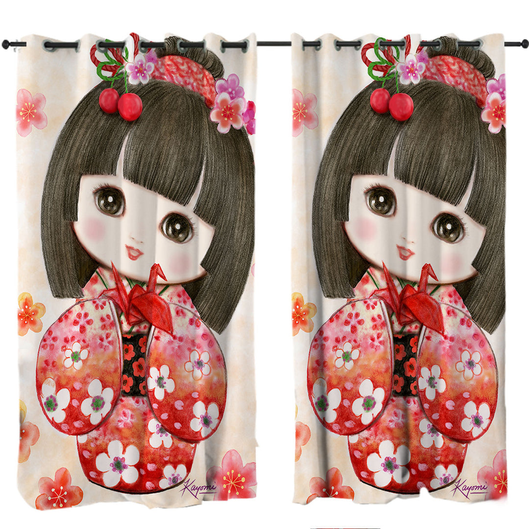 Curtains for Bedroom with Cute Japanese Girl Wearing Red Kimono