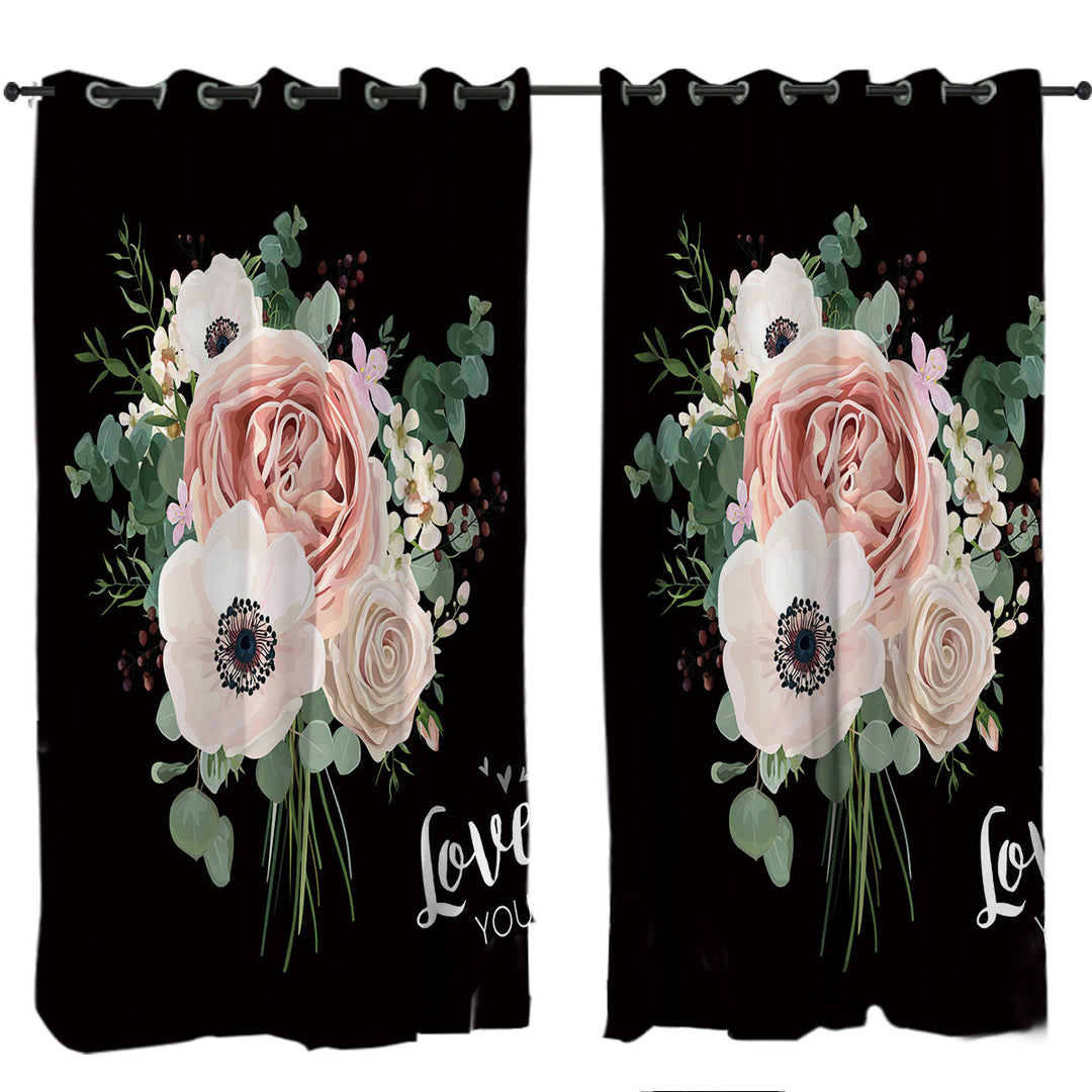 Curtains for Bedroom with Love You White Flowers Bouquet