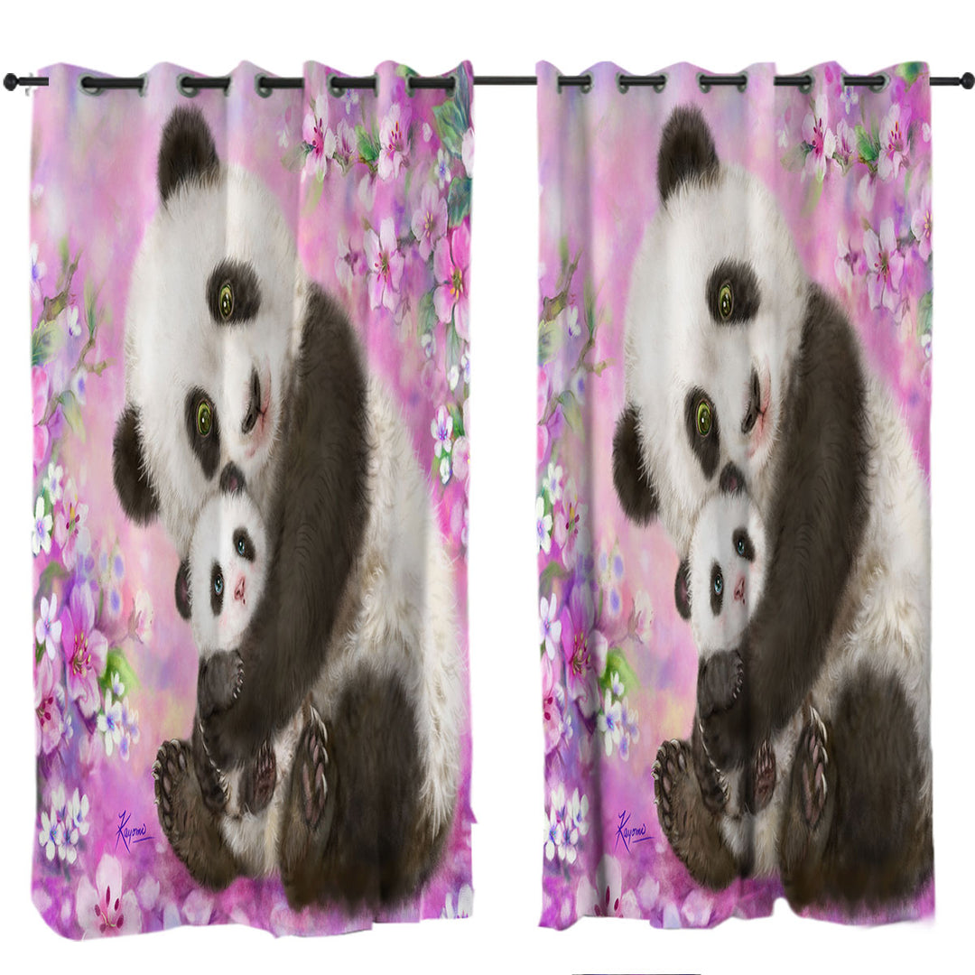 Curtains for Bedroom with Pinkish Flowers Panda Mom and Baby