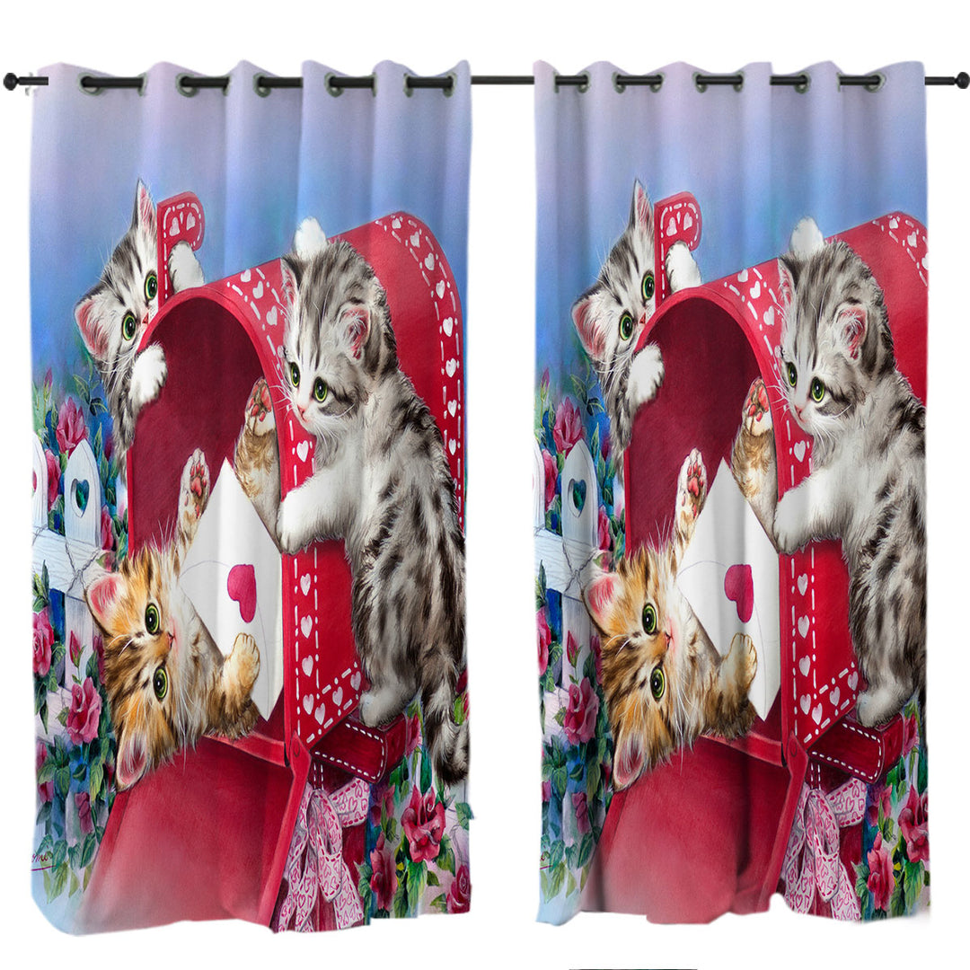 Curtains for Bedroom with Red Mailbox and Roses Cute Sweet Kittens