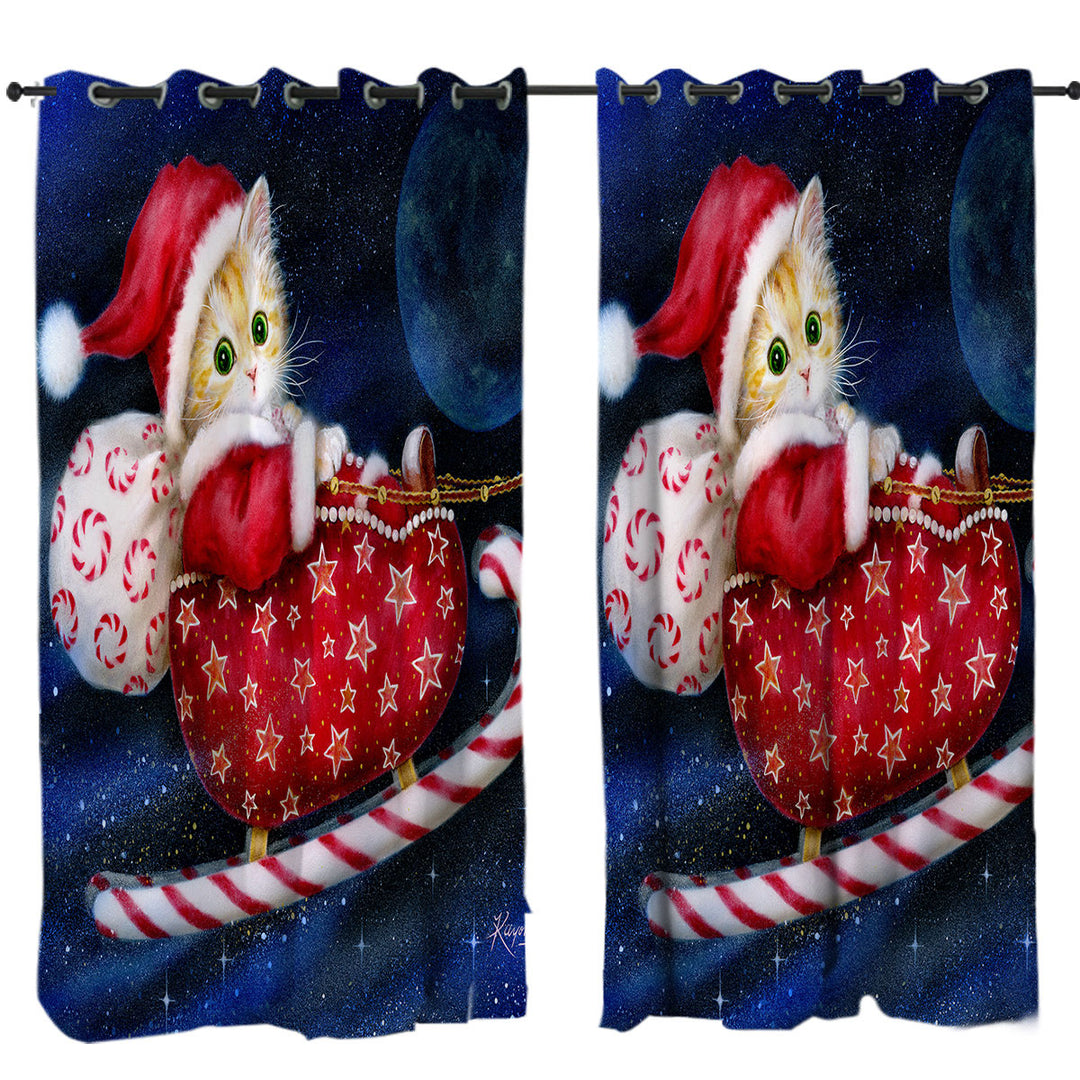 Curtains for Living Room with Cute Christmas Design Candy Sleigh Kitten