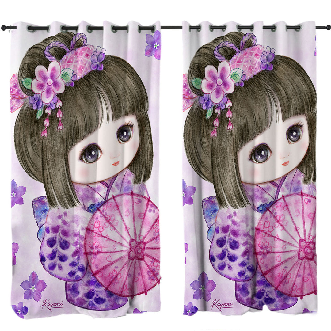 Curtains for Living Room with Cute Japanese Girl Wearing Purple Kimono
