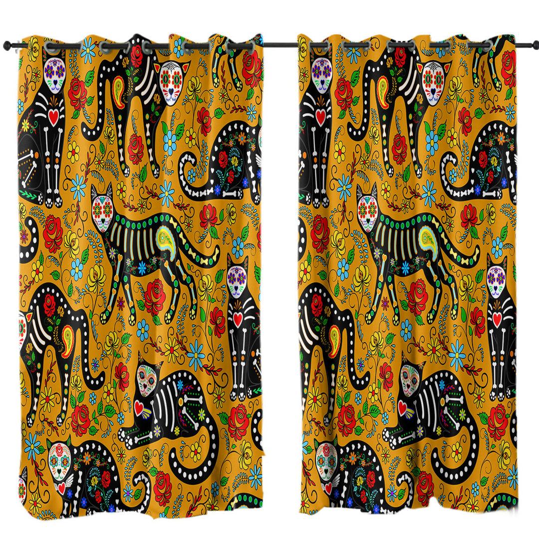 Curtains for Living Room with Floral Day of the Dead Cats
