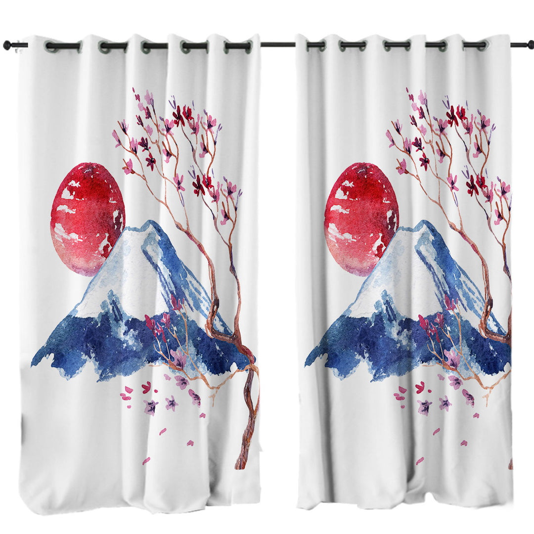Curtains for Living Room with Japanese Art Mountain and Cherry Blossom