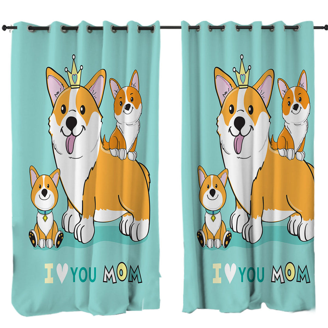 Curtains for Living Room with Mom and Puppies Cute Corgi Dog Family