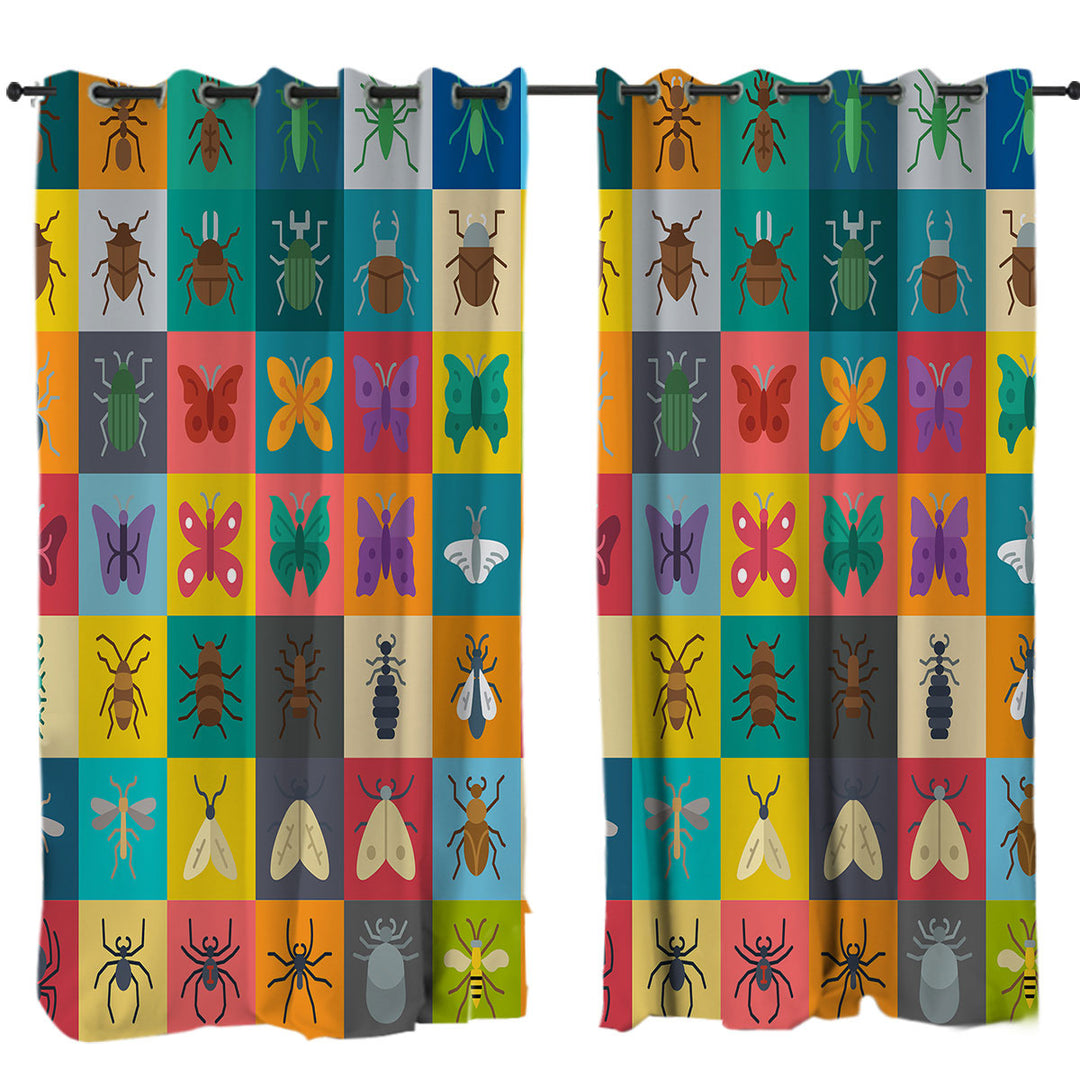 Curtains for Living Room with Multi Colored Checkered Bugs and Insects