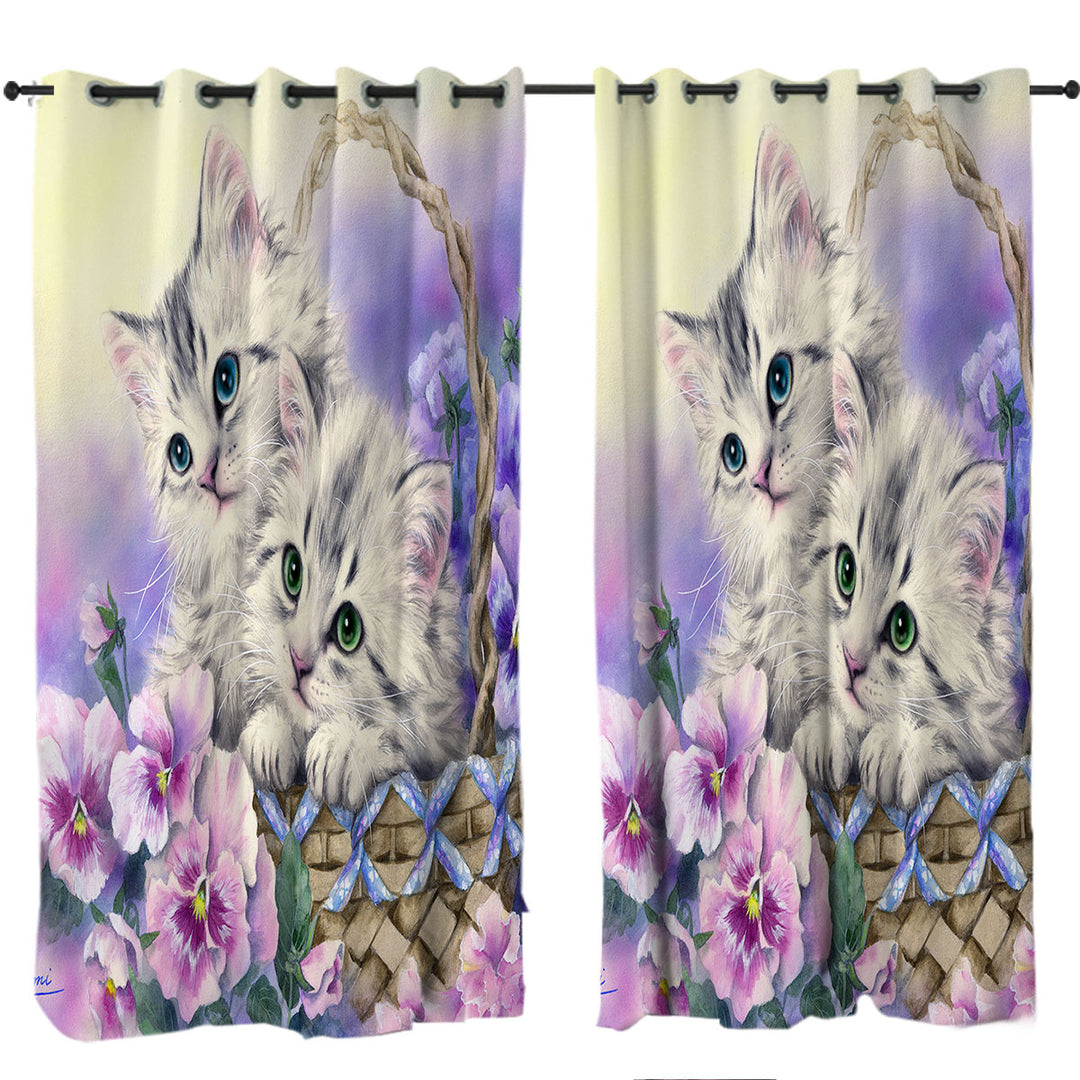 Curtains for Living Room with Purple Violet Flowers Sweet Spring Basket Kittens