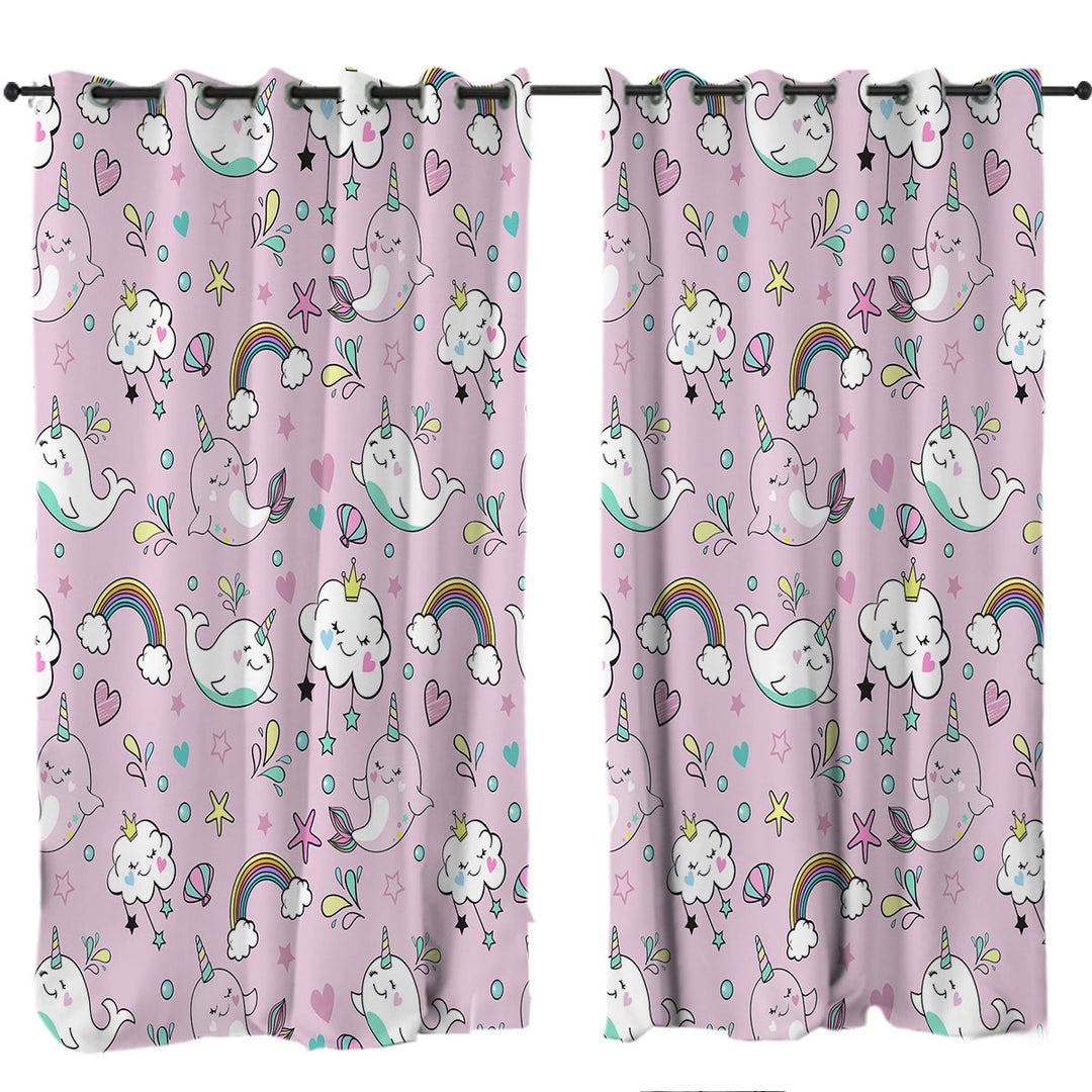 Curtains for Living Room with Rainbow Whales and Clouds