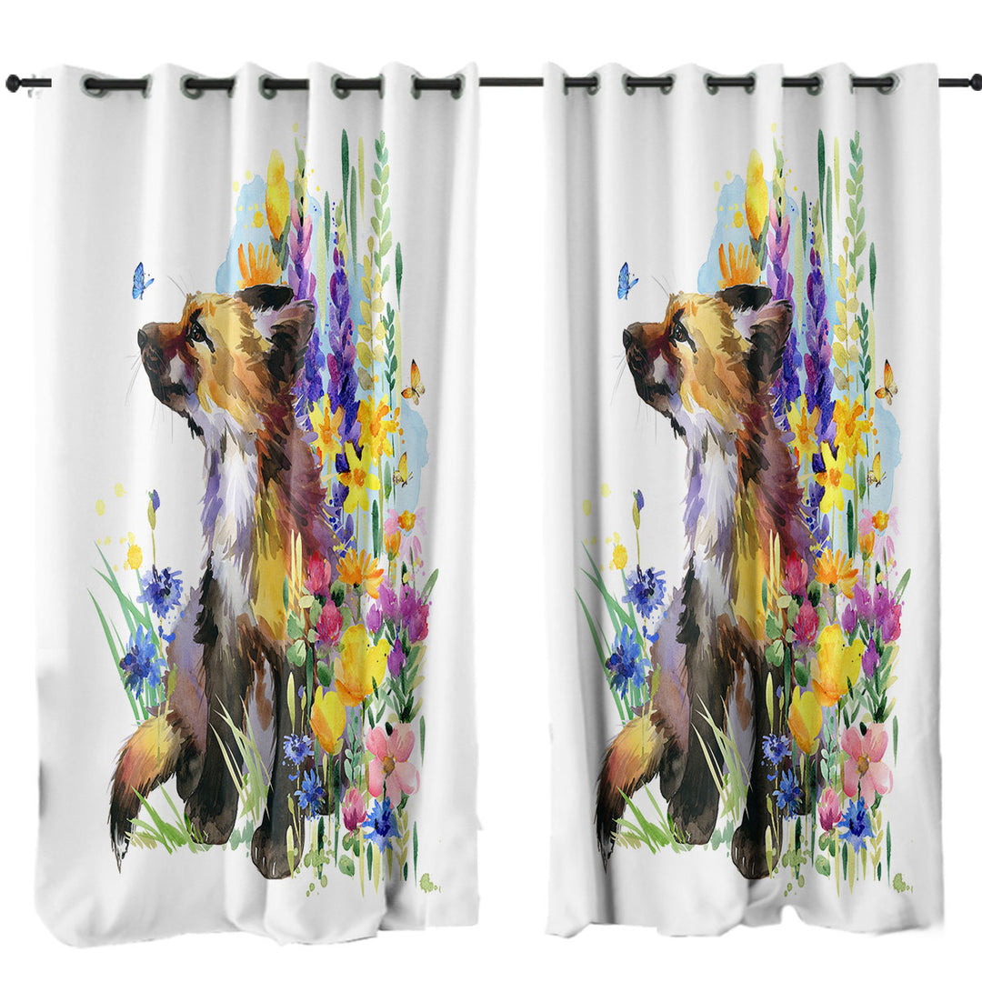 Curtains with Art Painting Flowers and Cute Fox