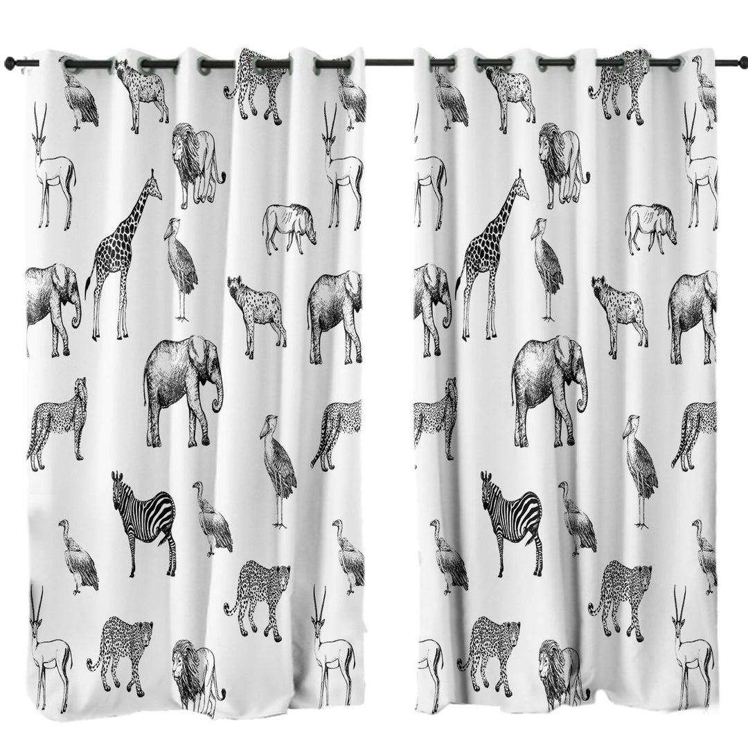 Curtains with Black and White African Wildlife Animals